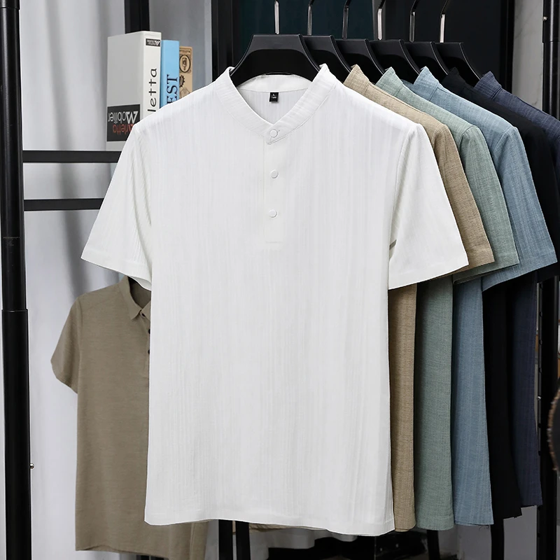 Mens Mandarin Collar Half Plac - đánh giá và giá Linen Shirt Breathable